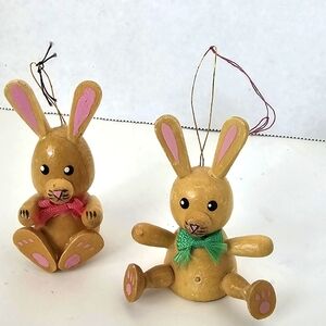 Vintage 1979 Two Small Sitting Brown  Wood Easter Bunny by Dakin Made in Taiwan